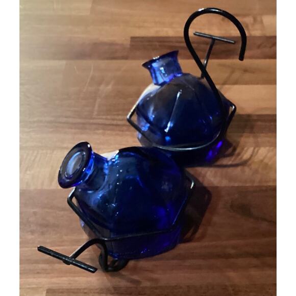 Hummingbird Feeder Par-A-Sol Parasol Bouquet Hand Blown Glass 2 Blue Vintage - Picture 1 of 10